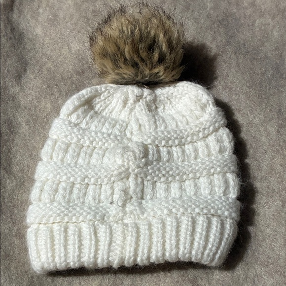 White Knit Beanie with Pom-Pom - Picture 2 of 2